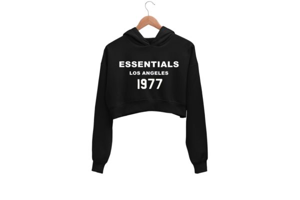 Shop the 1977 Essentials Crop Hoodie for women Black A cozy, cropped design with retro 1977 graphic. Perfect for casual and athleisure wear.