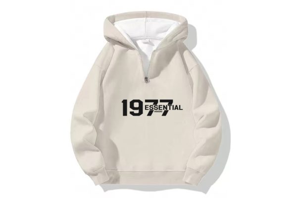 Elevate your casual look with the 1977 Essentials Oversize Halt Zipper Sport Casual Hooded Beige. Comfort meets style effortlessly