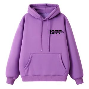 The 1977 Essentials Hoodie in Timeless White and Classic Purple. A versatile, comfortable, and stylish wardrobe essential for both men and women.