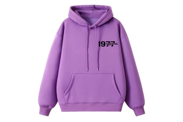 The 1977 Essentials Hoodie in Timeless White and Classic Purple. A versatile, comfortable, and stylish wardrobe essential for both men and women.