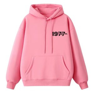 The 1977 Essentials Hoodie in Timeless White and Classic Pink, offering premium comfort, modern style, and a versatile addition to your wardrobe.