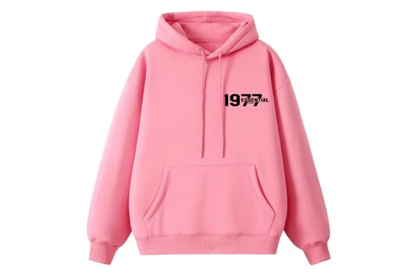 The 1977 Essentials Hoodie in Timeless White and Classic Pink, offering premium comfort, modern style, and a versatile addition to your wardrobe.