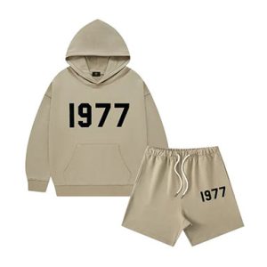 The 1977 Style Essentials Hoodie and Shorts Combo for kids in grey offers a cool, casual look with a "1977" graphic on the hoodie. Made from soft, comfortable fabric, it ensures a relaxed fit for active kids.