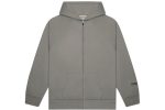 The Essentials Full Zip-Up Hoodie in Gray Flannel features an appliqué logo, offering comfort, style, and versatility for casual, everyday wear.