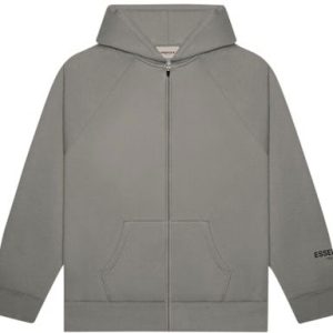 The Essentials Full Zip-Up Hoodie in Gray Flannel features an appliqué logo, offering comfort, style, and versatility for casual, everyday wear.
