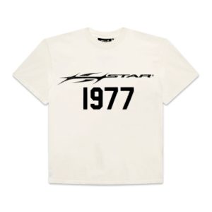 The 1977 Hellstar Classic T-Shirt in White features a timeless design, crafted from premium cotton for comfort and durability. Perfect for everyday wear.