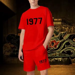 "The 1977 Essentials Short Set with Black Logo. Trendy, comfortable, and perfect for casual wear. Elevate your style with this versatile, sleek addition to your wardrobe."