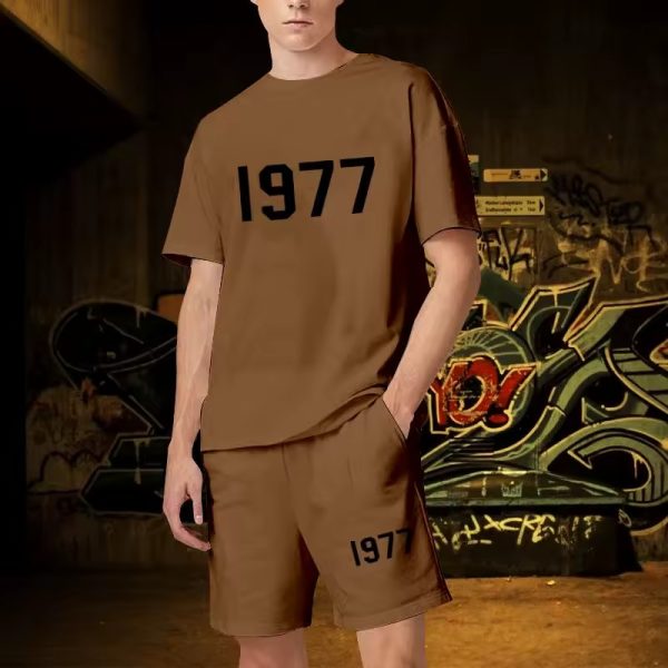 "The 1977 Essentials Short Set in Brown. Stylish, comfortable, and perfect for casual outings. A must-have addition to your wardrobe."