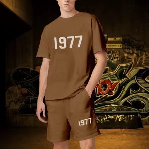 1977 Essentials Short Set with White Logo Front. Trendy, comfortable, and ideal for casual wear. A must-have for effortless style