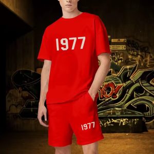 "The 1977 Essentials Short Set in Red. Stylish, comfortable, and perfect for casual outings. A vibrant addition to your everyday wardrobe."