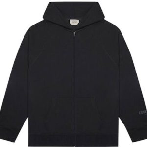The Essentials Full Zip-Up Hoodie in Dark Slate features an applique logo, soft fleece interior, and a sleek design for ultimate comfort and style.