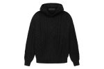 The Essentials Cable Knit Hoodie in Black combines comfort and style with its soft fabric, ribbed details, and adjustable drawstring hood for a perfect fit.