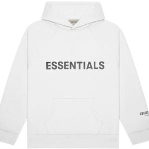 The Essentials Pullover Hoodie in white features a bold applique logo, offering comfort, style, and durability. Perfect for casual wear.